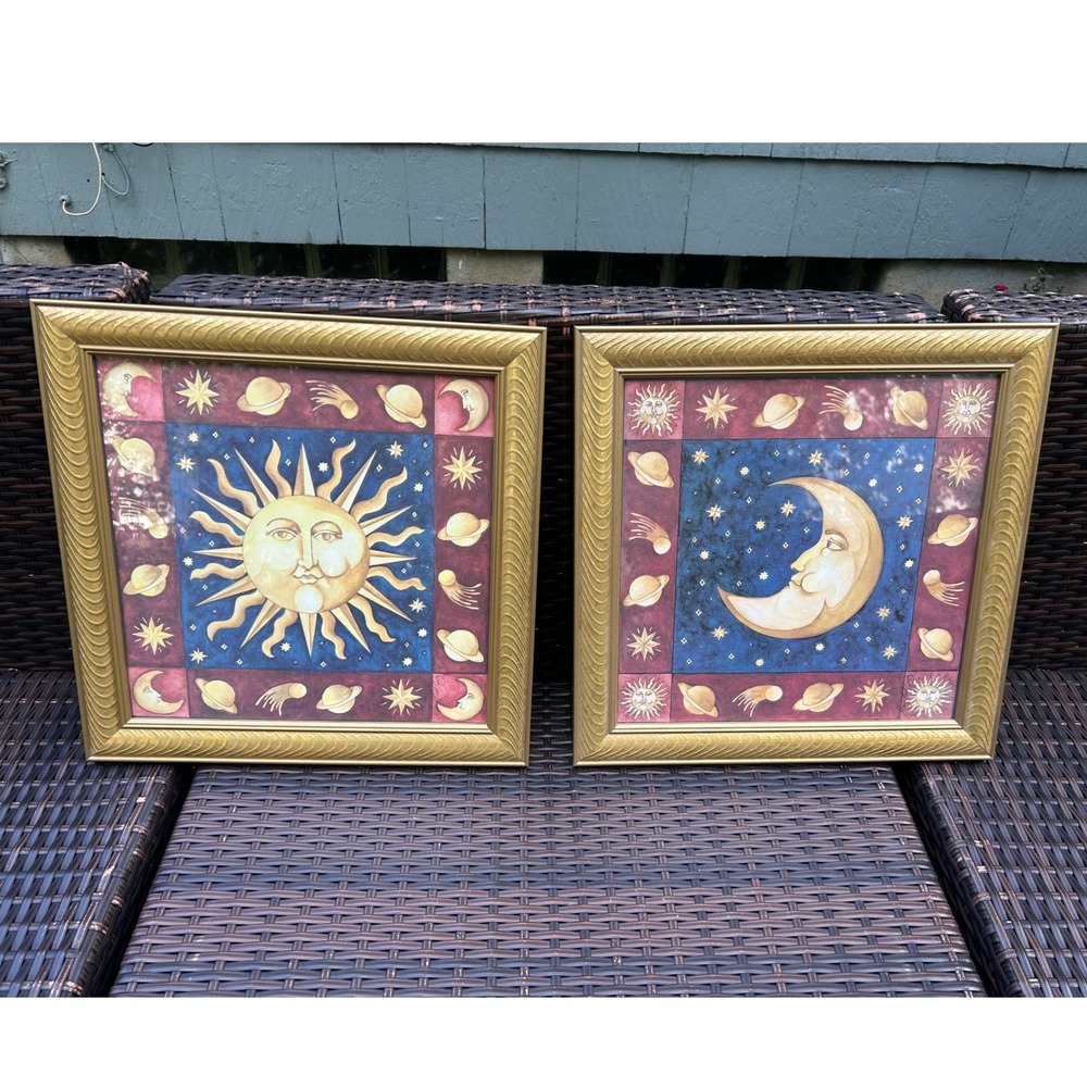 Mary Beth Seitz Celestial Moon Sun Art Prints 14.5x14.5 Gold Frame 90s Whimsical